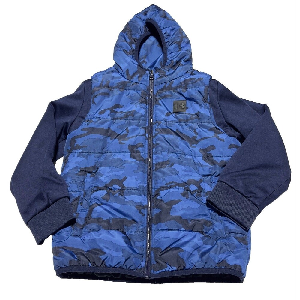 Under Armour Boys Blue Camo Puffer Vest Jacket Hoodie 2fer Hybrid YMD Medium